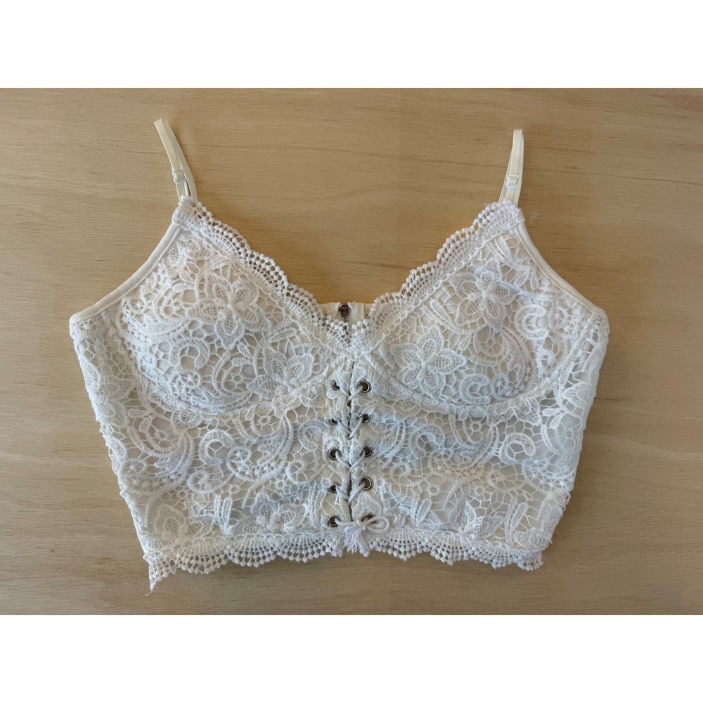 White Lace Corset Top Y2K Cottagecore Milkmaid Prairie Peasant Top - M